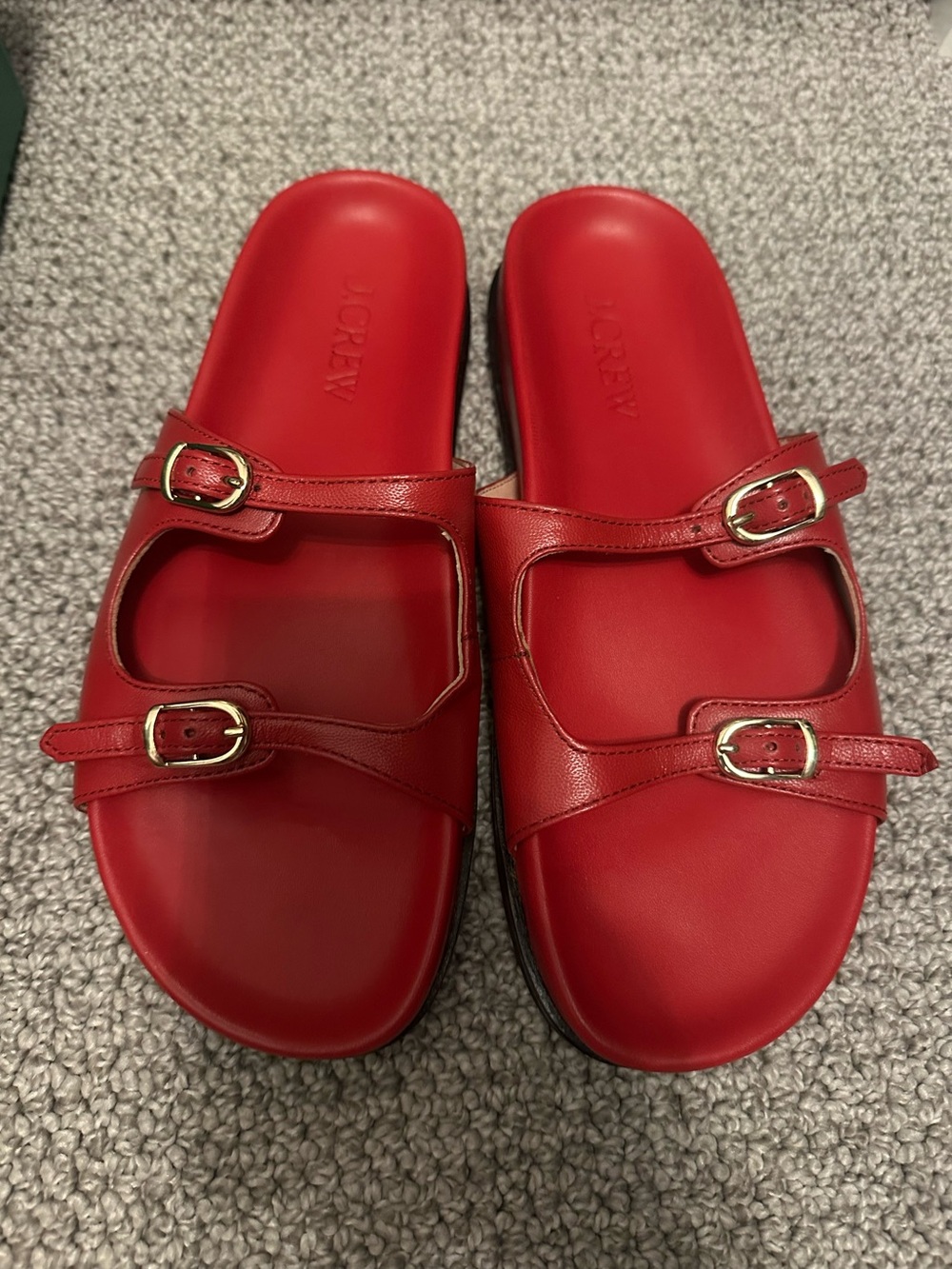 J. Crew Red Double Strap Leather Slide Sandals Size 8.5 - BRAND NEW IN BOX